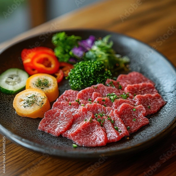 Fototapeta Sushi Presentation, Dark Plate with Fresh Vegetables and Cherry Tomatoes, on Dark Table in Dimly Lit Environment, for Food Marketing