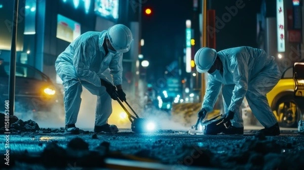 Obraz Police search team meticulously investigating a crime scene, focusing on gathering evidence and ensuring justice is served. The importance of thorough investigation in maintaining law and order.