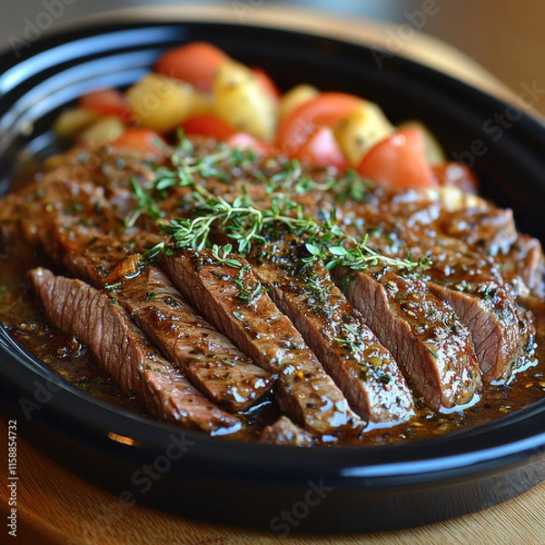 Fototapeta Steak Dish with Dark Sauce and Herbs, Boiled Potatoes, and Red Peppers on Neutral Background for Food Presentation