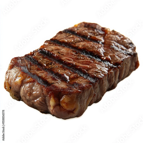 Fototapeta Large, Generously Seasoned Steak on White Background, Showcasing Browned Exterior and Red Center, Served on Toasted Bread