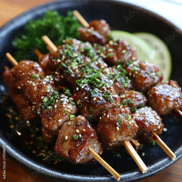 Fototapeta Mouthwatering Kebab Skewers on a Wooden Dining Table in Restaurant Setting, Showcasing Fluffy White Rice and Lime Wedges, for Food and Culinary Travel Photography