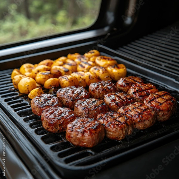 Fototapeta Grill with Cooking Meats, Outdoor Setting, Balanced Cookout, Stock Image