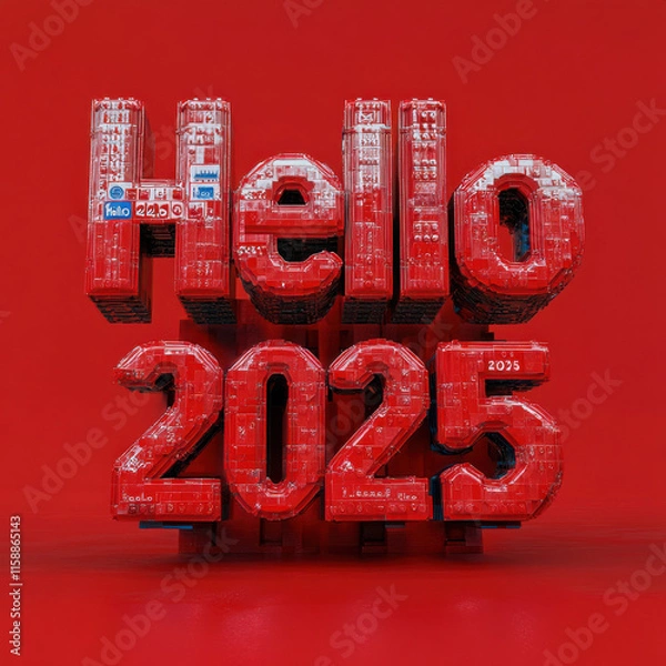 Fototapeta "2025, 3D Text, Red Background, Welcome to the Future" on/in "Graphic Design" for "Greeting Cards, Event Invitations, Digital Displays"