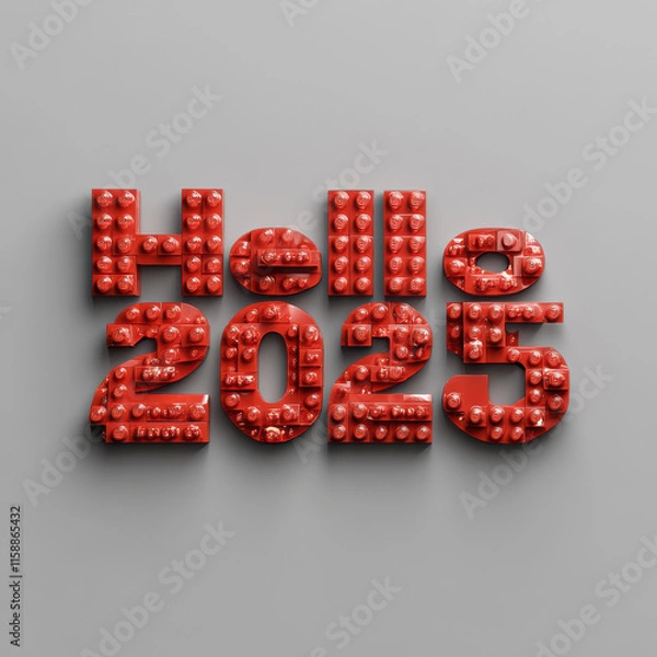 Fototapeta Happy New Year greeting, white "HELLO 2021" and red "Happy New Year" text on gray background, framed by colorful hexagonal elements, for marketing materials or decorations