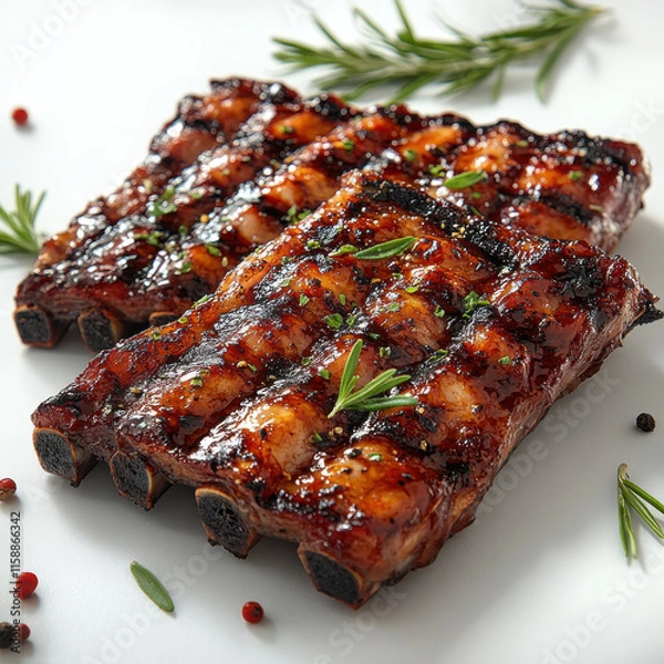 Fototapeta Succulent Pork Ribs with Barbecue Sauce, Garnished, on White Surface, for Casual Dining or Home Setting