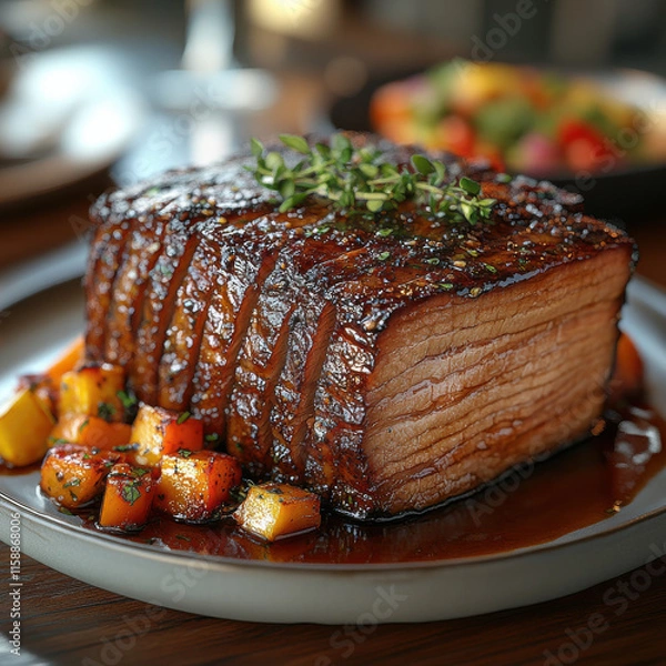 Fototapeta Thickly-Sliced Grilled Meat, Roasted Vegetables, and Herbs Garnish on Minimalist Plate, for Culinary Advertising or Event Highlight
