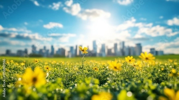 Fototapeta A vibrant field of yellow flowers in the foreground, with a city skyline under a bright blue sky and sun in the background.