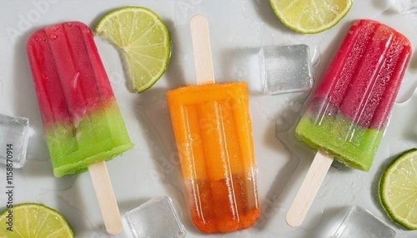 Fototapeta Refreshing Homemade Popsicles with Limes and Ice Cubes