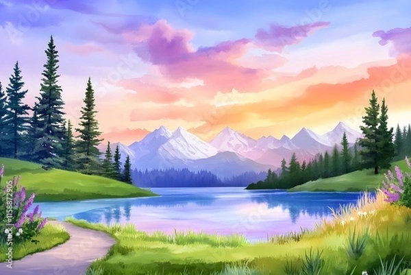 Obraz Watercolor clipart of a mountain lake with pine trees and a trail, on a blur background