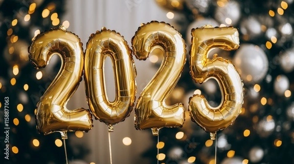 Fototapeta A golden "2025" balloon display with sparkling decorations in the background