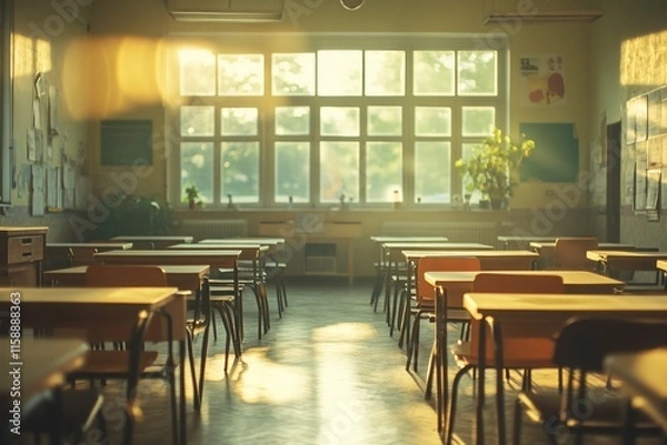 Fototapeta Sunlit empty classroom with desks and chairs.