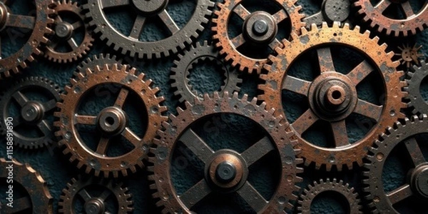 Fototapeta Intricate Network of Interlocking Rusty Gears, a Detailed Mechanical System