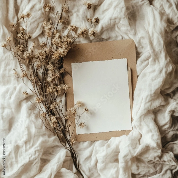 Fototapeta Blank invitation and greeting card mockup with embossed design on a floral backdrop. ai generated