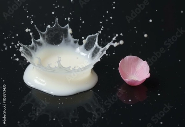 Fototapeta Milk splash on dark surface with pink rose petal floating nearby