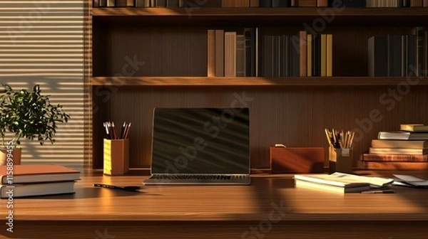 Obraz A neatly arranged office desk with a brown table background and on the table there are books, stationery and a keyboard.