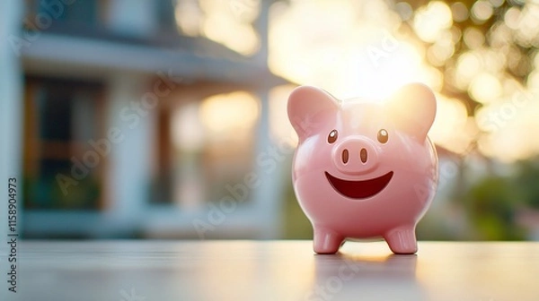Fototapeta A cheerful piggy bank shines in sunlight against a blurred background.