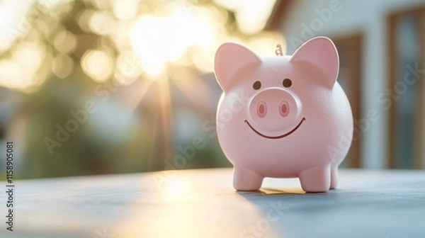 Fototapeta Piggy bank with a smile, symbolizing savings and financial success in a warm, bright setting.