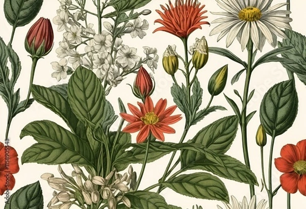 Obraz Vibrant collection of hand-drawn flowers with intricate details showcasing various species and colors against a light background