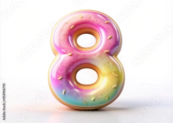 Obraz Donut shaped like number 8 with pink purple glaze sprinkles on white background. Concept for bakery and desserts, or design for Women's Day