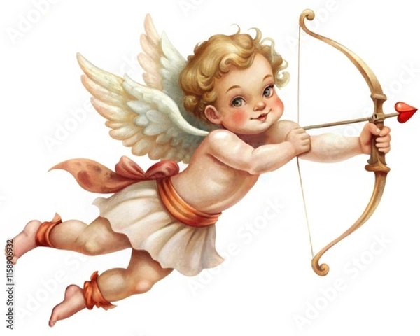 Obraz Watercolor cute cupid with bow and arrow, wings and curly hair, concept of valentine's day