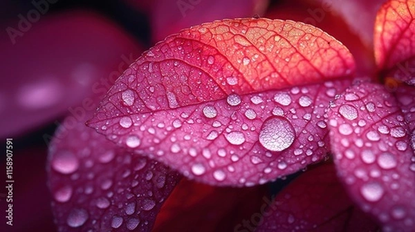Fototapeta   A pink flower, magnified by a close-up, features droplets of water on its delicate petals Meanwhile, a lush green leaf with vibrant red foliage forms