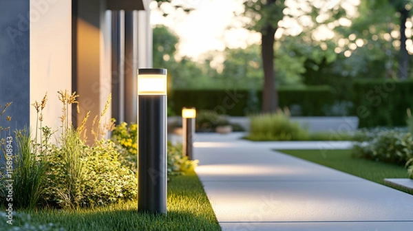 Obraz Modern outdoor bollard light with a sleek aluminum frame and energy-efficient LED illumination, designed for pathways and garden spaces