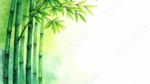 Fototapeta Serene Watercolor Painting of Bamboo Stalks and Lush Green Leaves on White Background