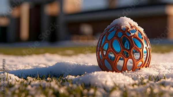 Fototapeta Copper sphere with blue reflections rests in snow-covered grass.