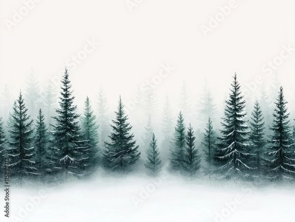 Fototapeta A serene winter landscape featuring tall evergreen trees enveloped in soft white mist, creating a tranquil, ethereal atmosphere.