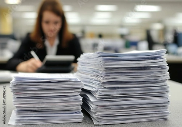 Fototapeta Office Workspace Stacks of Paper with Professional Employee Working
