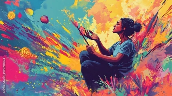 Fototapeta A woman creates art amidst vibrant colors and swirling patterns, evoking creativity and imagination.