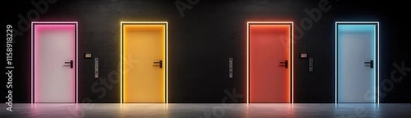 Fototapeta A vibrant display of four illuminated doors in various colors against a dark background, symbolizing choice and possibilities.