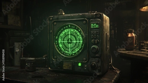 Fototapeta Vintage green screen radar device in a dark room.