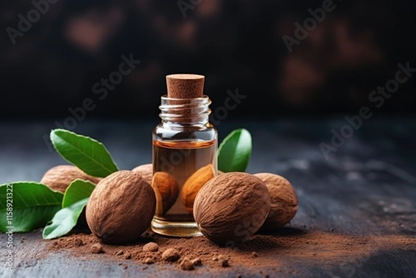 Fototapeta Dark stone background with nutmeg essential oil