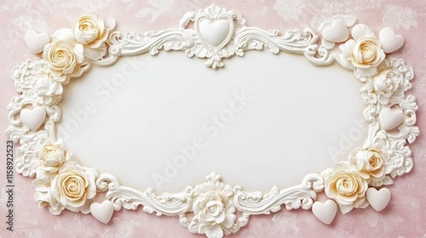 Fototapeta Blank Polaroid Photo Frames Surrounded by Hearts and Roses on a Soft Pink Background