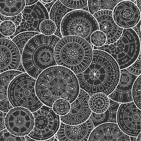 Fototapeta Ethnic floral mandalas, doodle background circles in vector. Seamless pattern. 