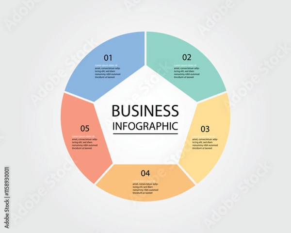 Fototapeta Business design template for an infographic banner featuring circular diagrams with pentagon line shape