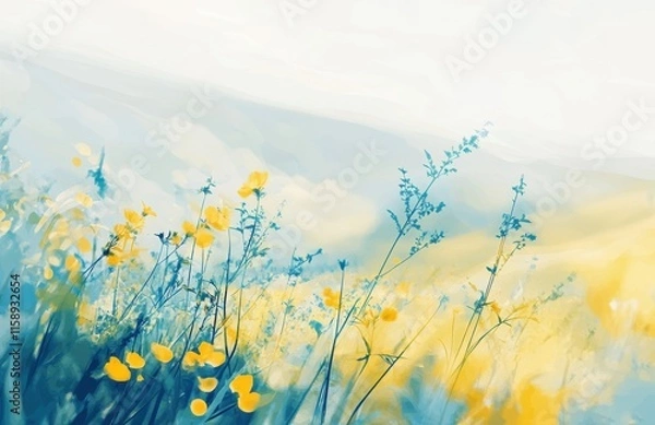 Obraz A Dreamy Landscape of Wildflowers Under a Soft Sky with Delicate Hues of Yellow and Blue, Capturing the Essence of Nature's Serenity and Vibrant Beauty