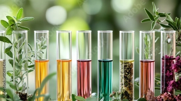 Fototapeta A vibrant display of test tubes filled with colorful liquids and fresh herbs, showcasing a fusion of science and nature.