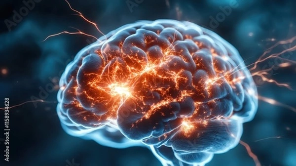 Fototapeta A visually captivating image of a brain with electric sparks and glowing neural paths, symbolizing thought, innovation, and consciousness in a digital style theme.