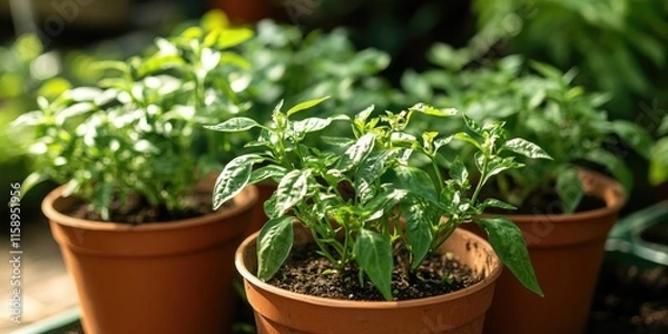Fototapeta Young green chili peppers thrive in pots, showcasing their robust growth in a backyard garden setting, where these chili peppers flourish with vibrant hues and healthy foliage.