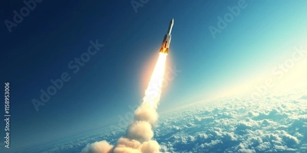 Fototapeta Military rocket soaring high into the blue sky, showcasing the incredible power and engineering of military rockets as it ascends towards the limitless expanse of the azure sky.
