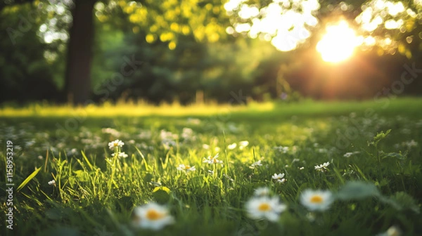 Obraz Beautiful sunlit meadow with daisies in the foreground during golden hour in a tranquil park setting