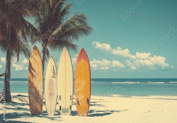 Fototapeta Collection of Colorful Surfboards Standing on Sandy Beach Under Palm Trees with Clear Blue Sky and Gentle Waves in the Background of a Tropical Paradise