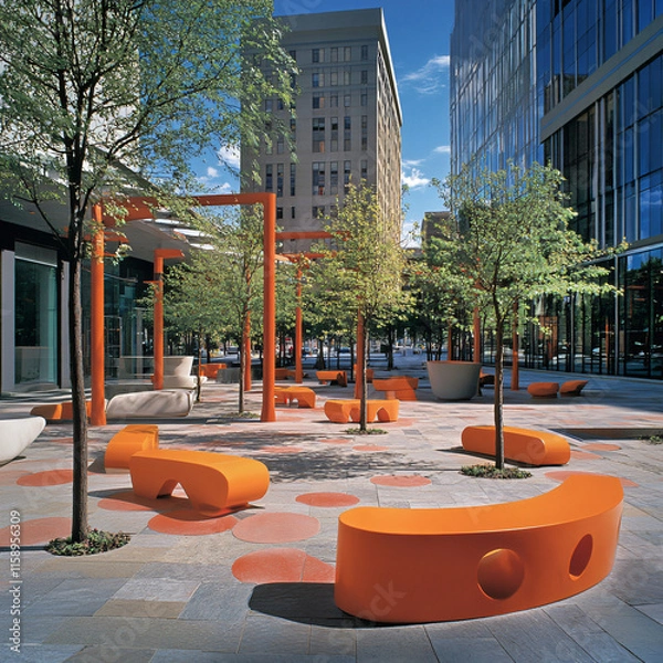 Obraz An urban plaza featuring public art installations and seating areas.