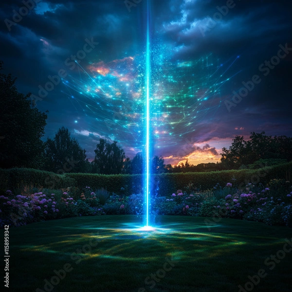 Fototapeta Global Network Connection Visualized in a Vibrant Garden Setting