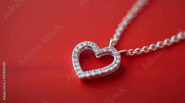 Fototapeta silver jewelry in the shape of a heart with diamonds on a red background 
