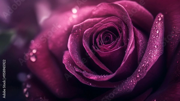 Obraz Close-up view of a dark purple rose with droplets highlighting its velvety petals against a blurred background