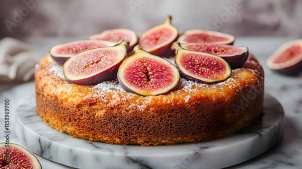 Fototapeta A moist and golden homemade cake topped with fresh, vibrant fig slices. The rich colors and natural sweetness of the figs create a perfect balance for a luxurious dessert experience.
