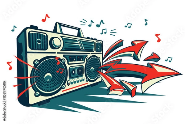 Fototapeta Music design -  playing boom box tape recorder with colorful graffiti arrows and musical notes